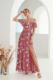 Coral Off the Shoulder A Line Floral Wedding Guest Dress with Slit