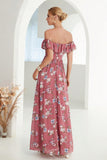 Coral Off the Shoulder A Line Floral Wedding Guest Dress with Slit