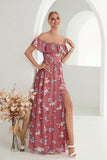 Coral Off the Shoulder A Line Floral Wedding Guest Dress with Slit