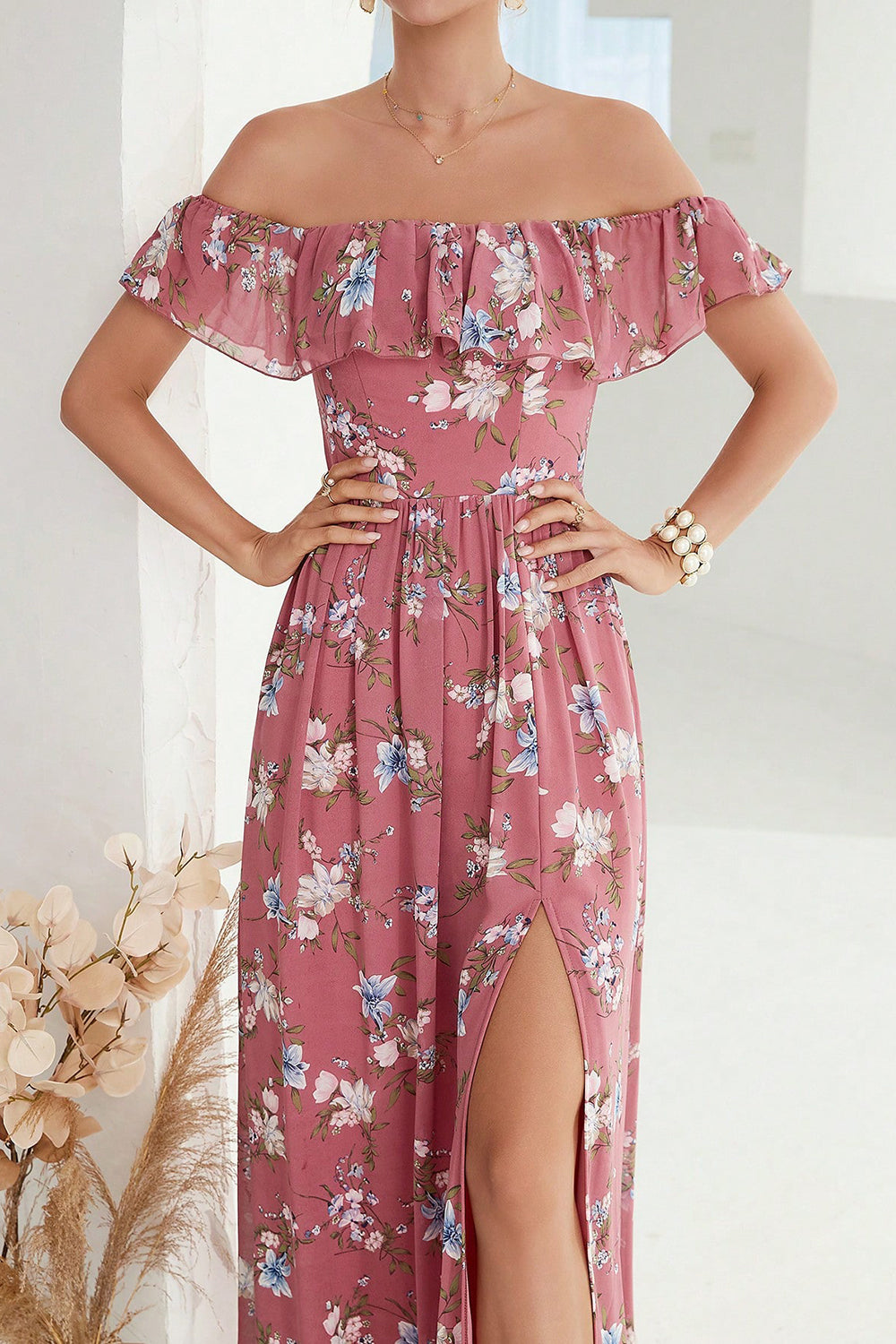 Coral Off the Shoulder A Line Floral Wedding Guest Dress with Slit