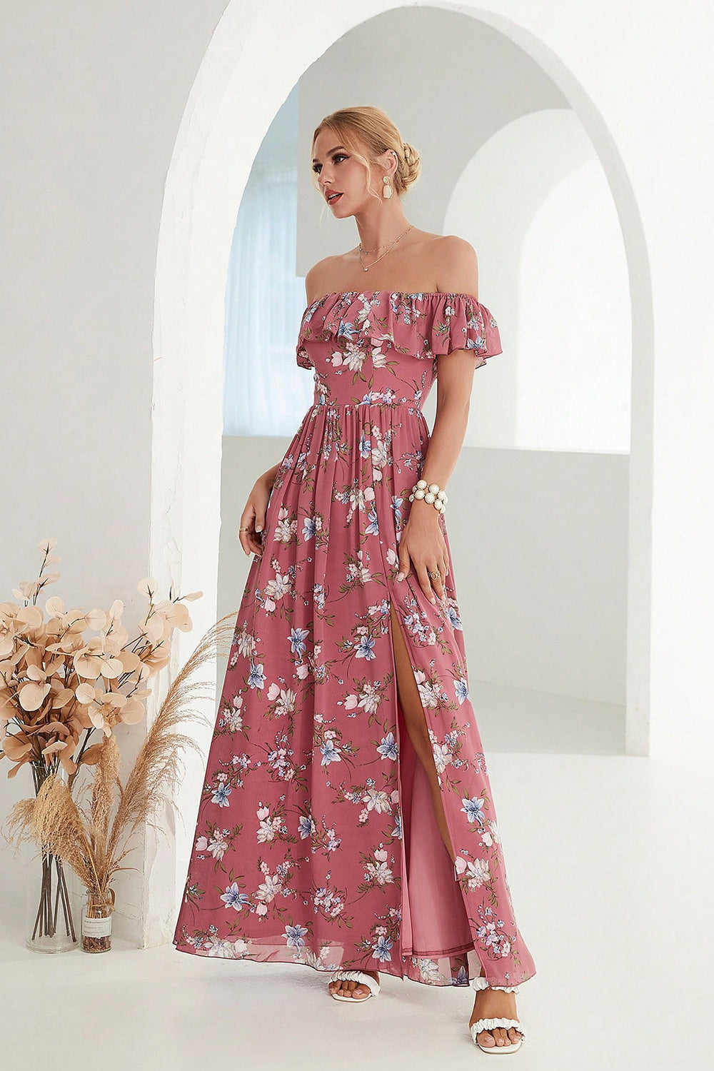 Coral Off the Shoulder A Line Floral Wedding Guest Dress with Slit