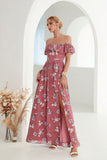 Coral Off the Shoulder A Line Floral Wedding Guest Dress with Slit
