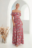 Coral Off the Shoulder A Line Floral Wedding Guest Dress with Slit
