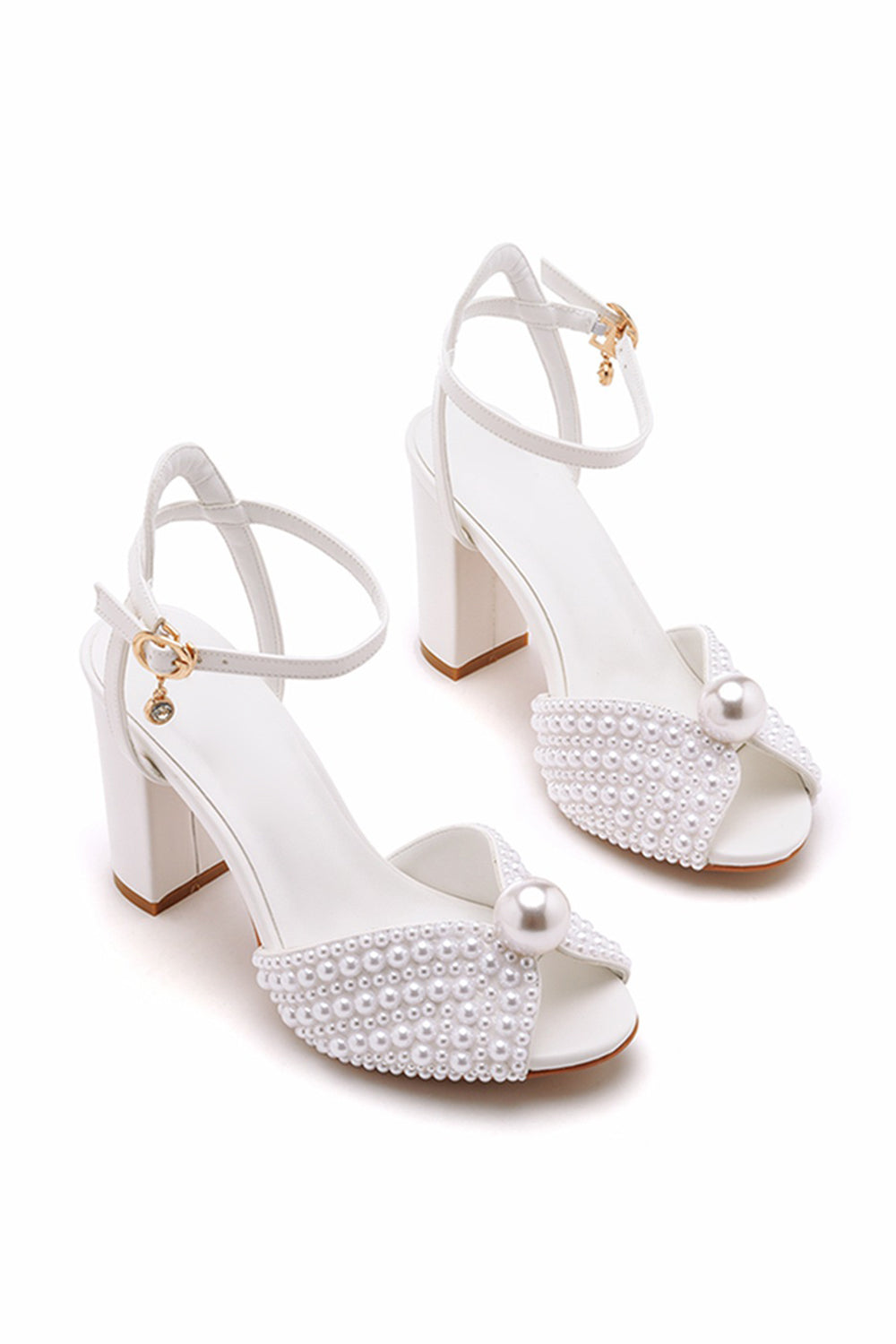 White Open Toe Chunky Heels Bridal Shoes with Pearl