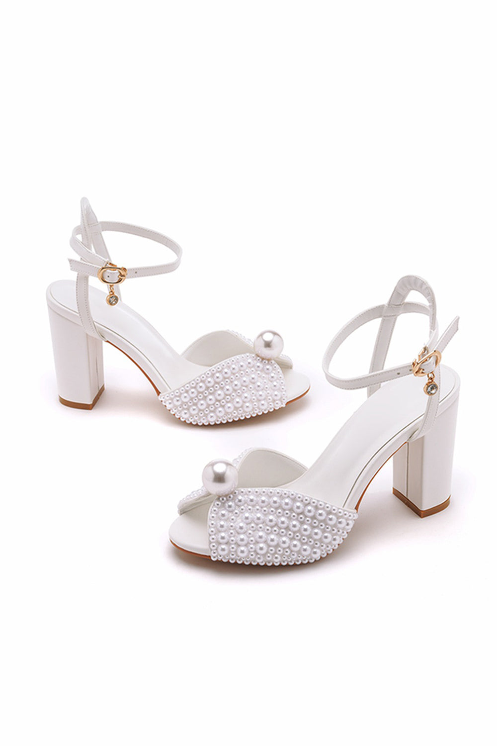 White Open Toe Chunky Heels Bridal Shoes with Pearl