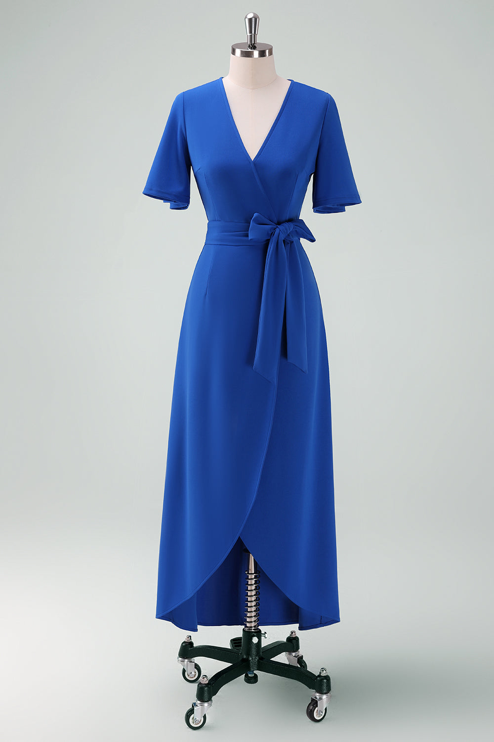 Royal Blue V-Neck Tea Length Sheath Mother of Bride Dress with Belt