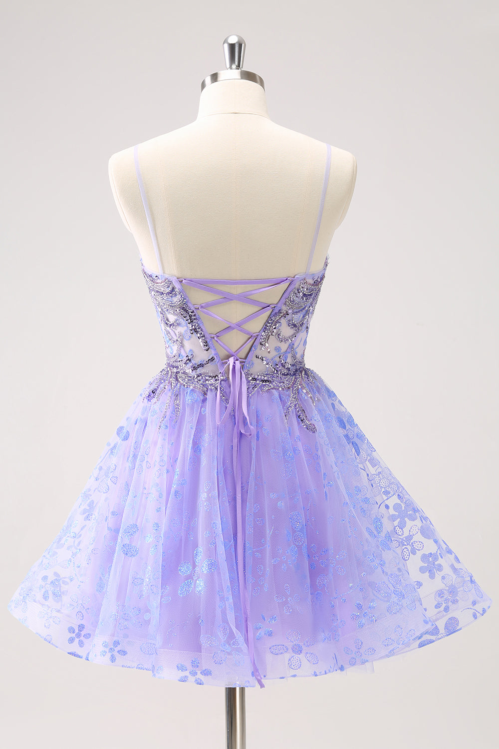 Sparkly Lilac A Line Spaghetti Straps Short Prom Dress with Sequins