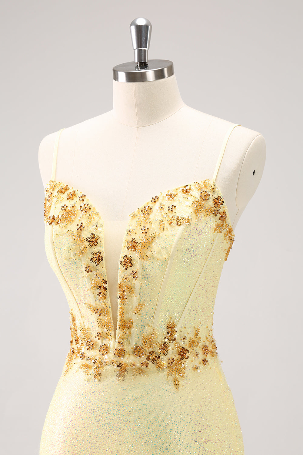 Sparkly Yellow Spaghetti Straps Tight Prom Dress with Sequins