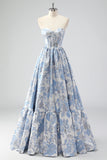 Leely Women Strapless Blue Sweetheart Corset A-Line Floral Prom Dress Maxi Princess Ball Gown