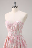 Strapless Blue Sweetheart Corset A-Line Floral Prom Dress