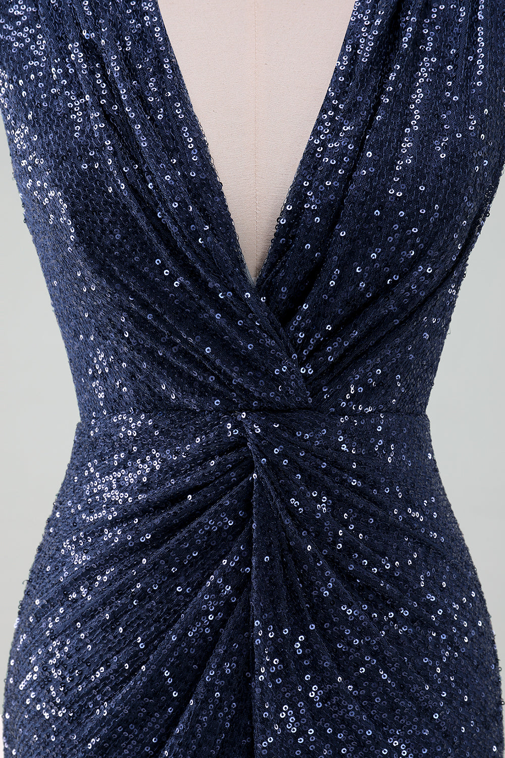 Sparkly Navy V-Neck Sheath Wedding Guest Dress with Slit