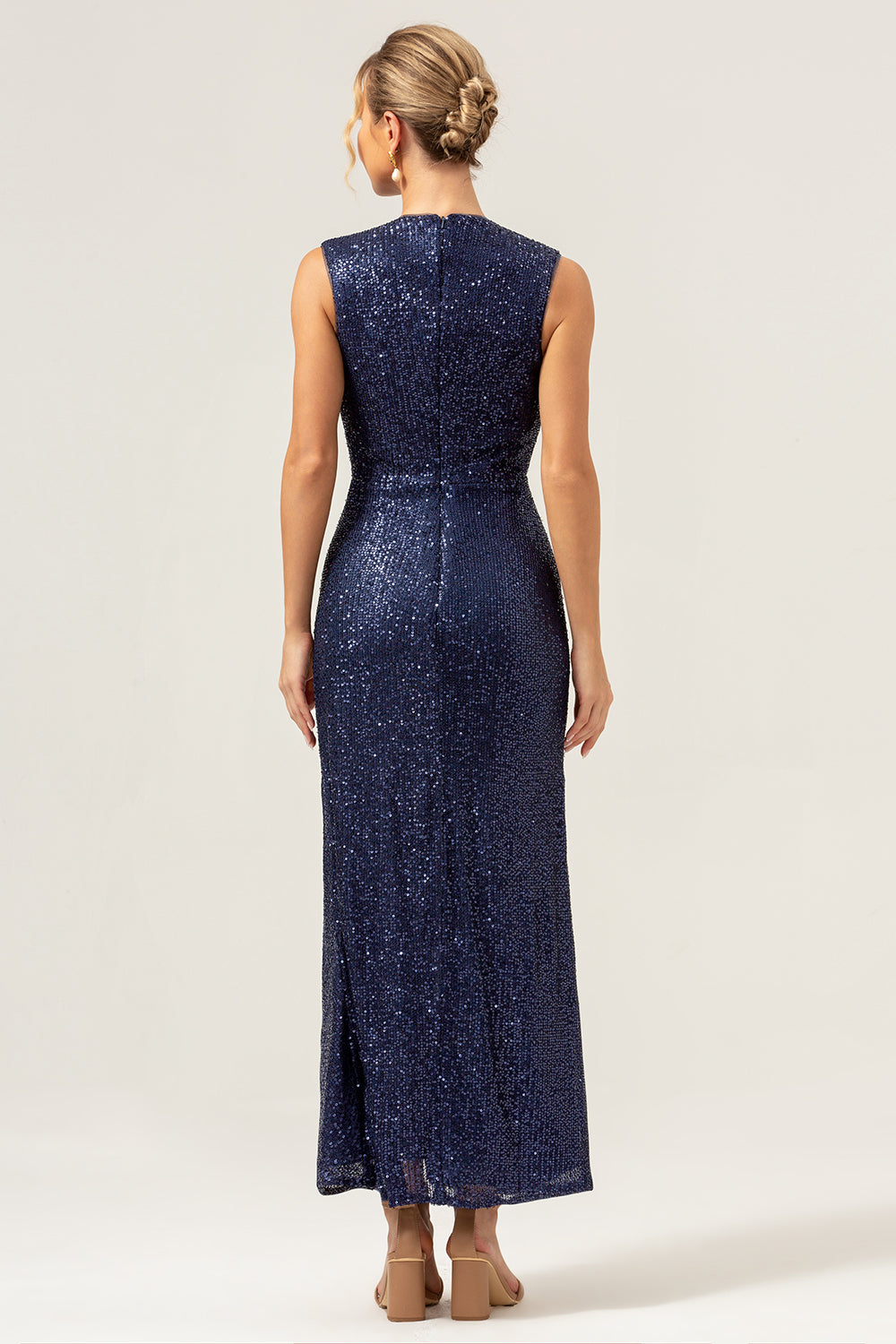Sparkly Navy V-Neck Sheath Wedding Guest Dress with Slit