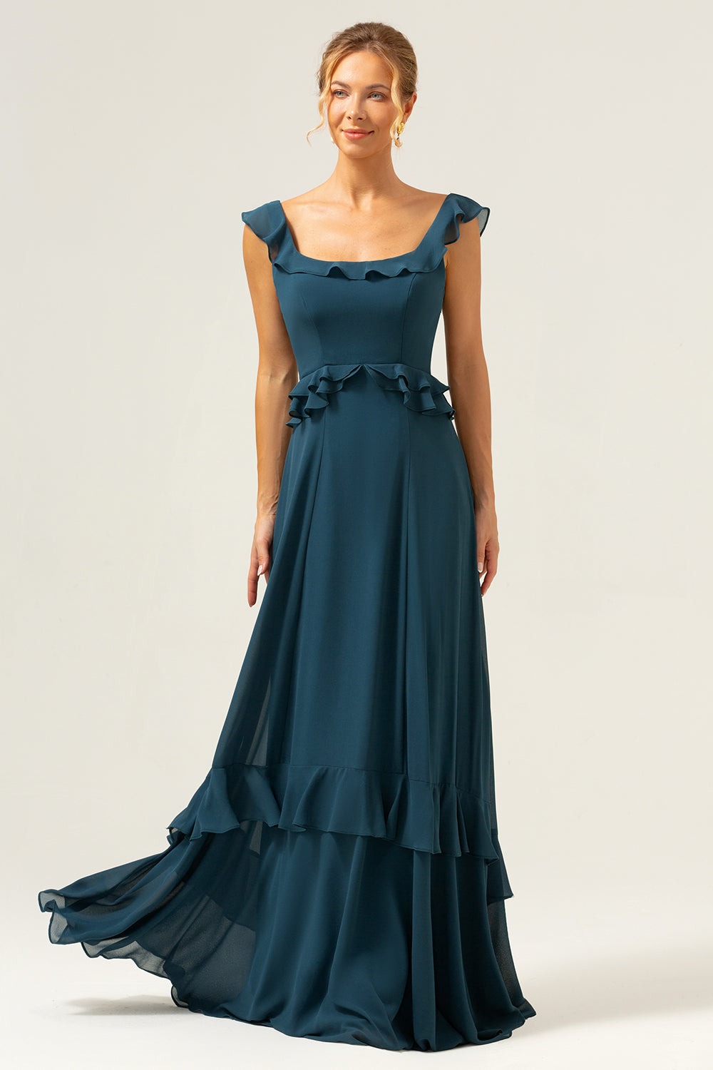 Dark Peacock Green A-Line Chiffon Bridesmaid Dress with Ruffles
