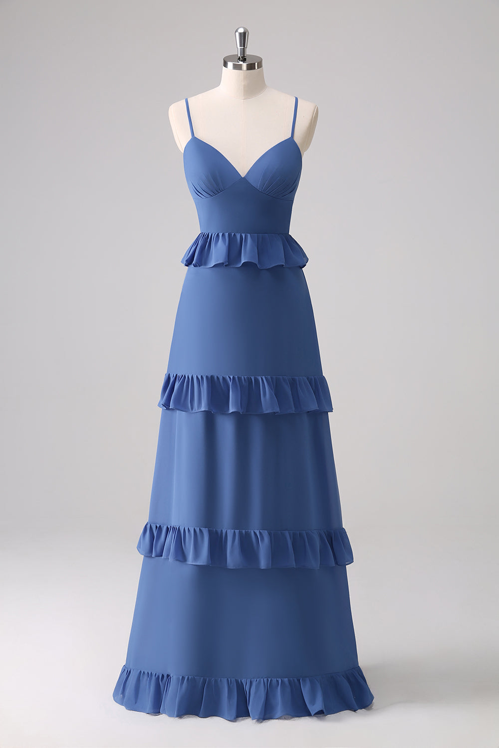 Dark Blue Spaghetti Straps Corset Tiered Bridesmaid Dress