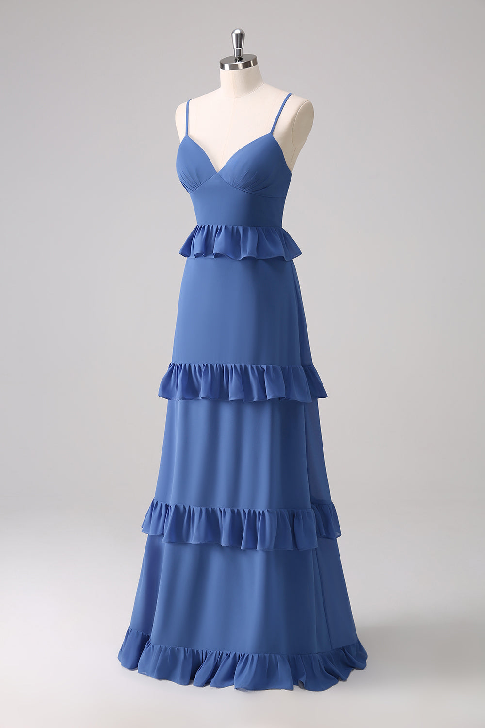 Dark Blue Spaghetti Straps Corset Tiered Bridesmaid Dress