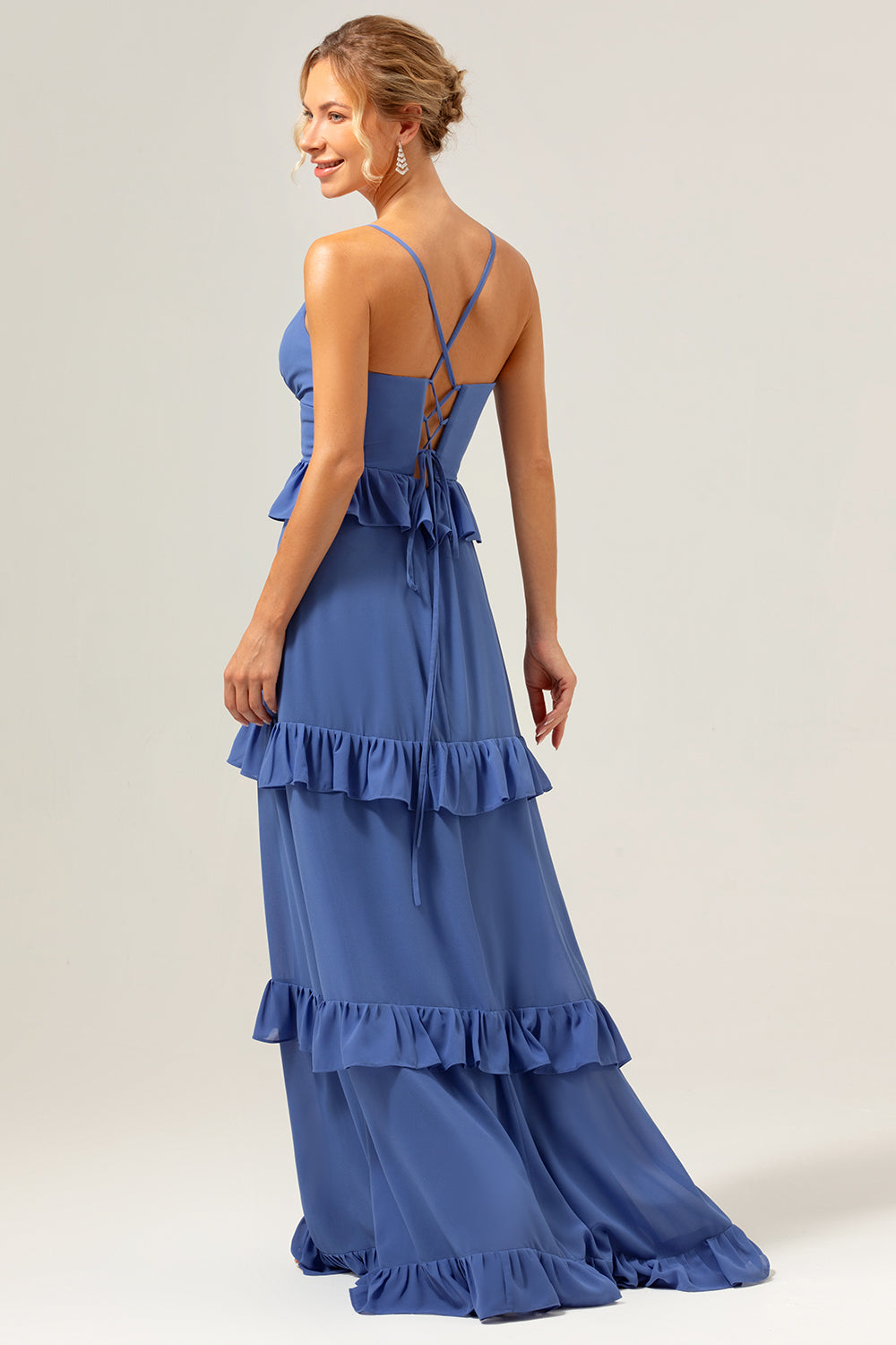 Dark Blue Spaghetti Straps Tiered A-Line Chiffon Bridesmaid Dress