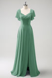 Eucalyptus A Line Lace-Up Back Chiffon Bridesmaid Dress with Slit