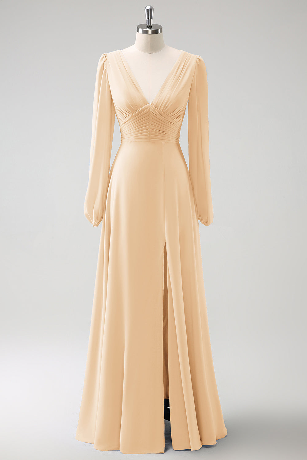 Dark Green A Line V Neck Chiffon Bridesmaid Dress with Long Sleeves