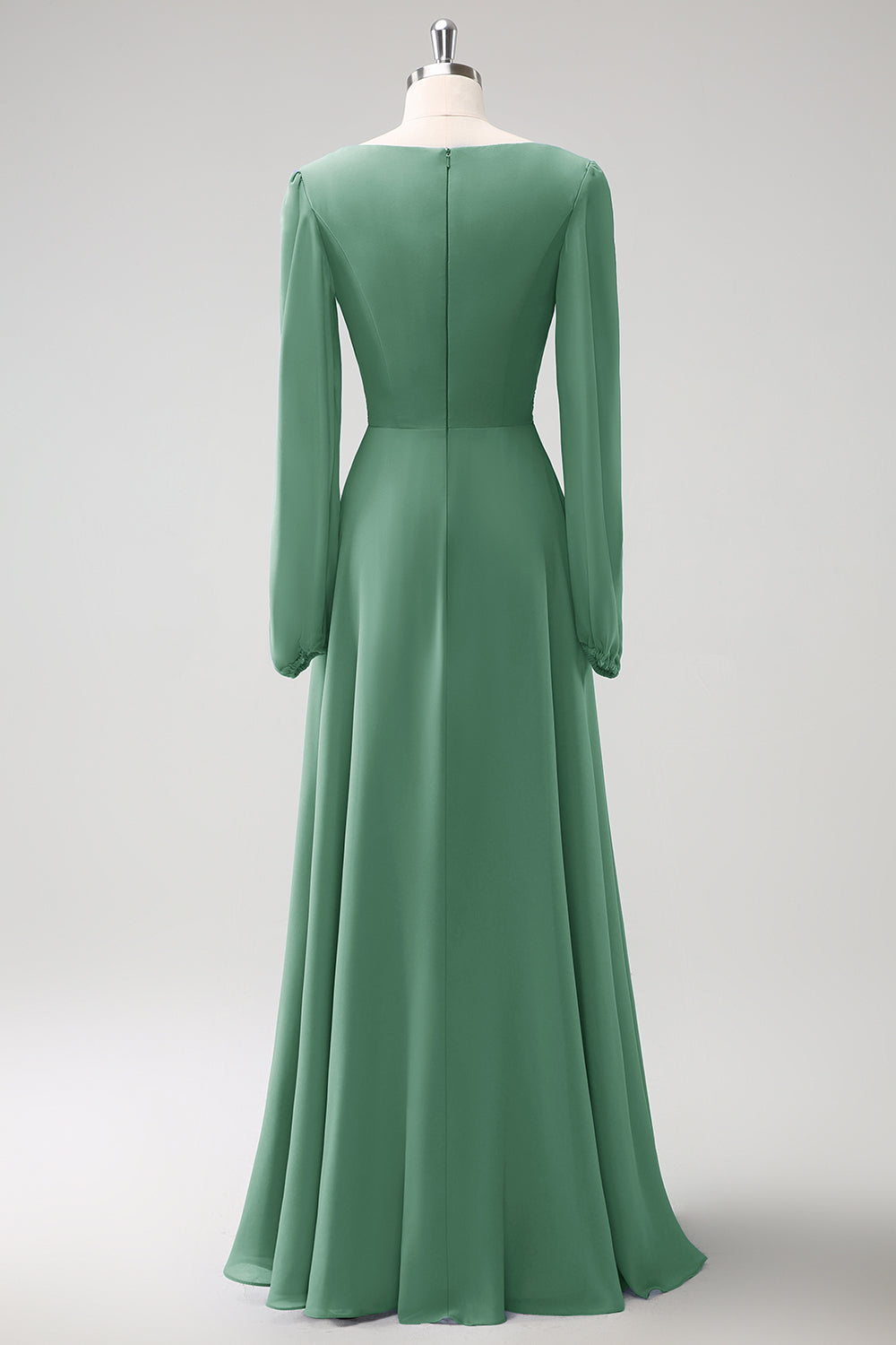 Dusty Sage A Line Long Sleeves Chiffon Bridesmaid Dress with Slit