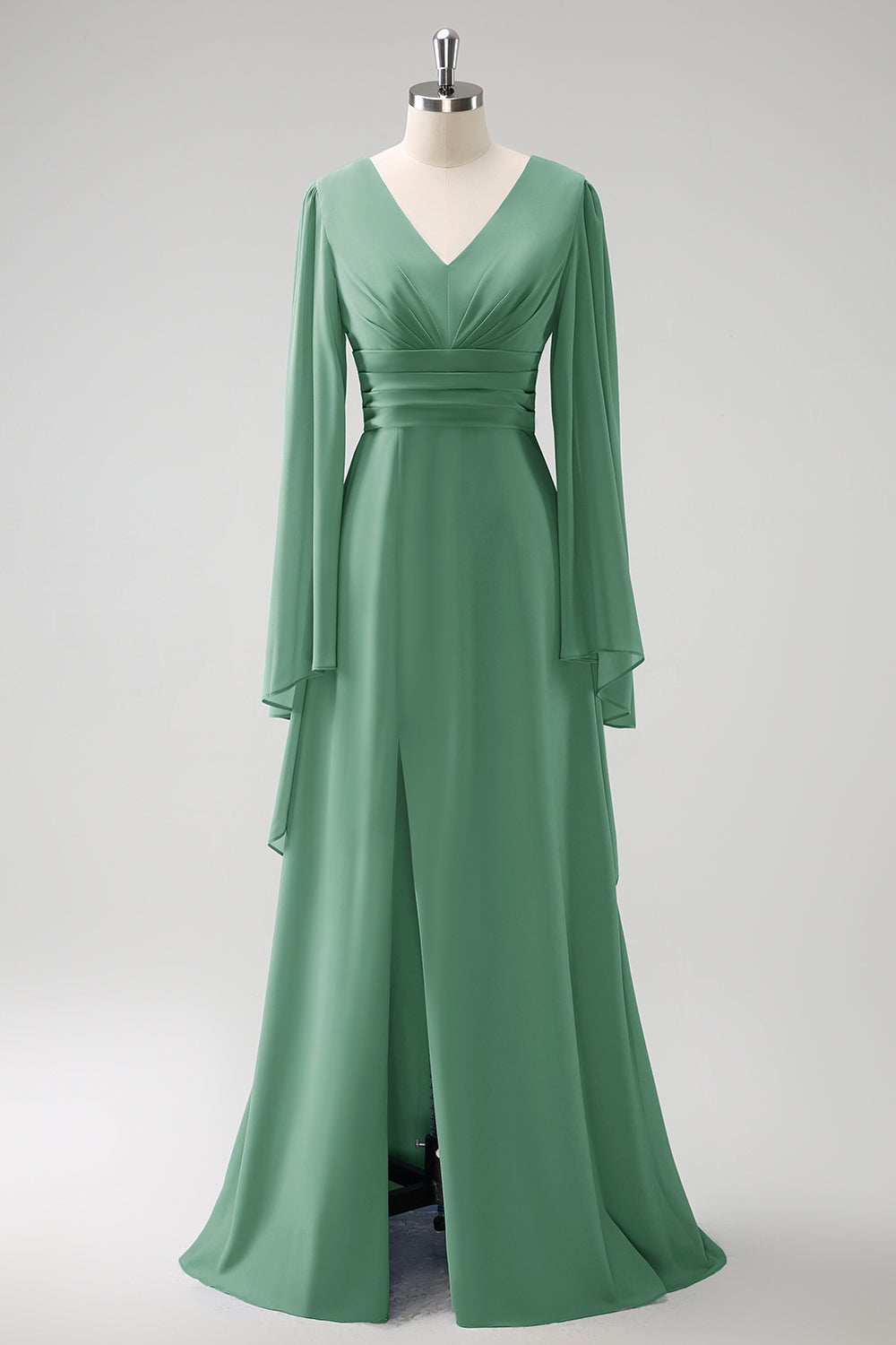 Eucalyptus A Line V Neck Long Chiffon Bridesmaid Dress with Slit