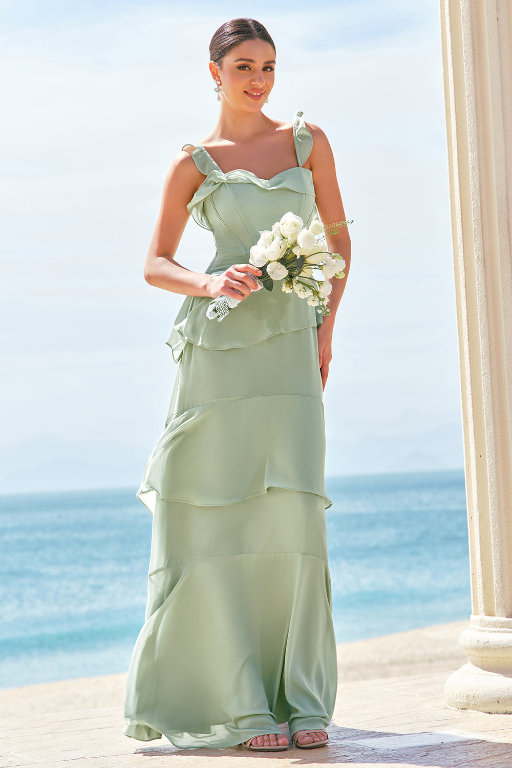 Light Green A-Line Tiered Chiffon Bridesmaid Dress with Ruffles