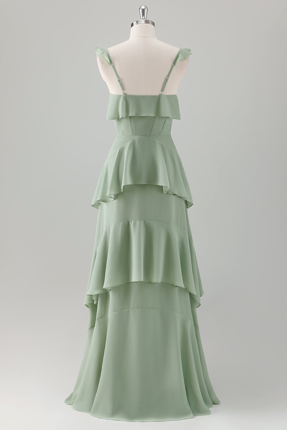 Light Green A-Line Tiered Chiffon Bridesmaid Dress with Ruffles