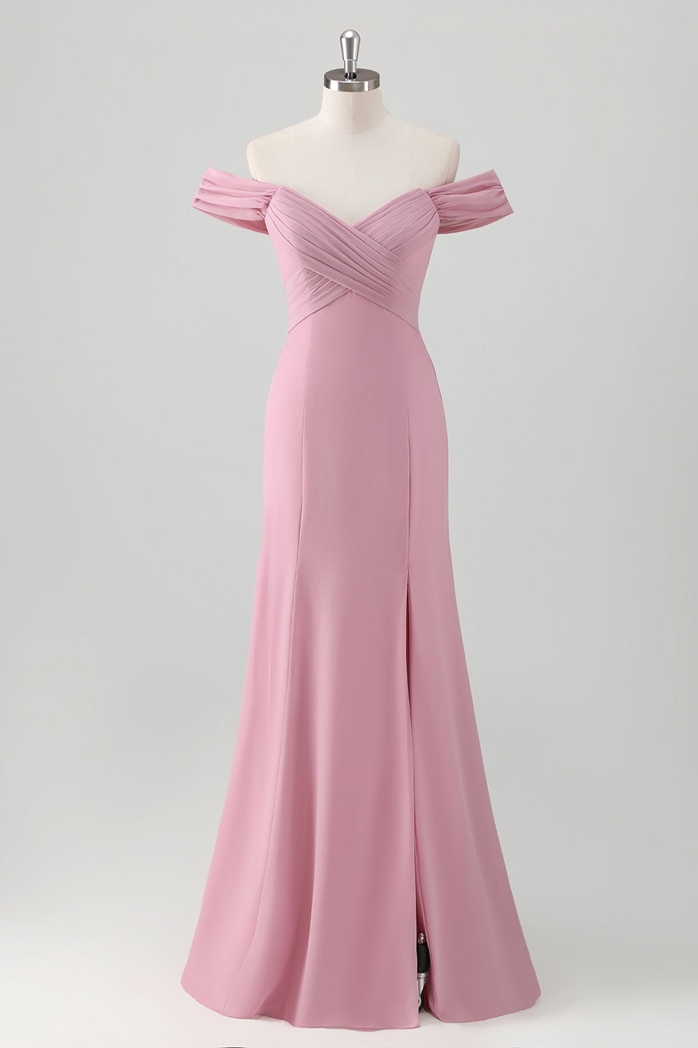 Pink Off the Shoulder Pleated Mermaid Bridesmaid Dress with Slit