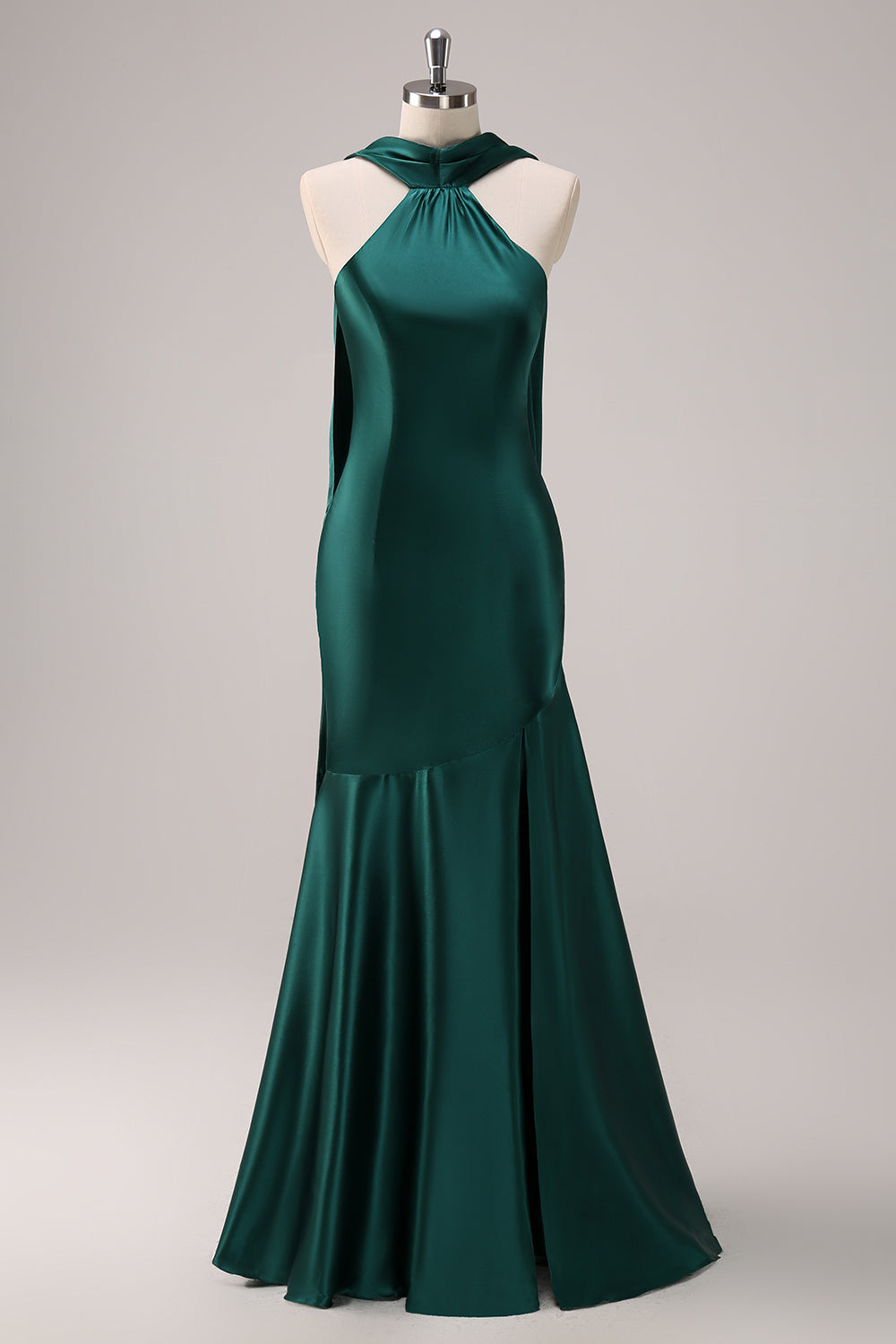 Dark Green Halter Mermaid Watteau Train Bridesmaid Dress with Slit