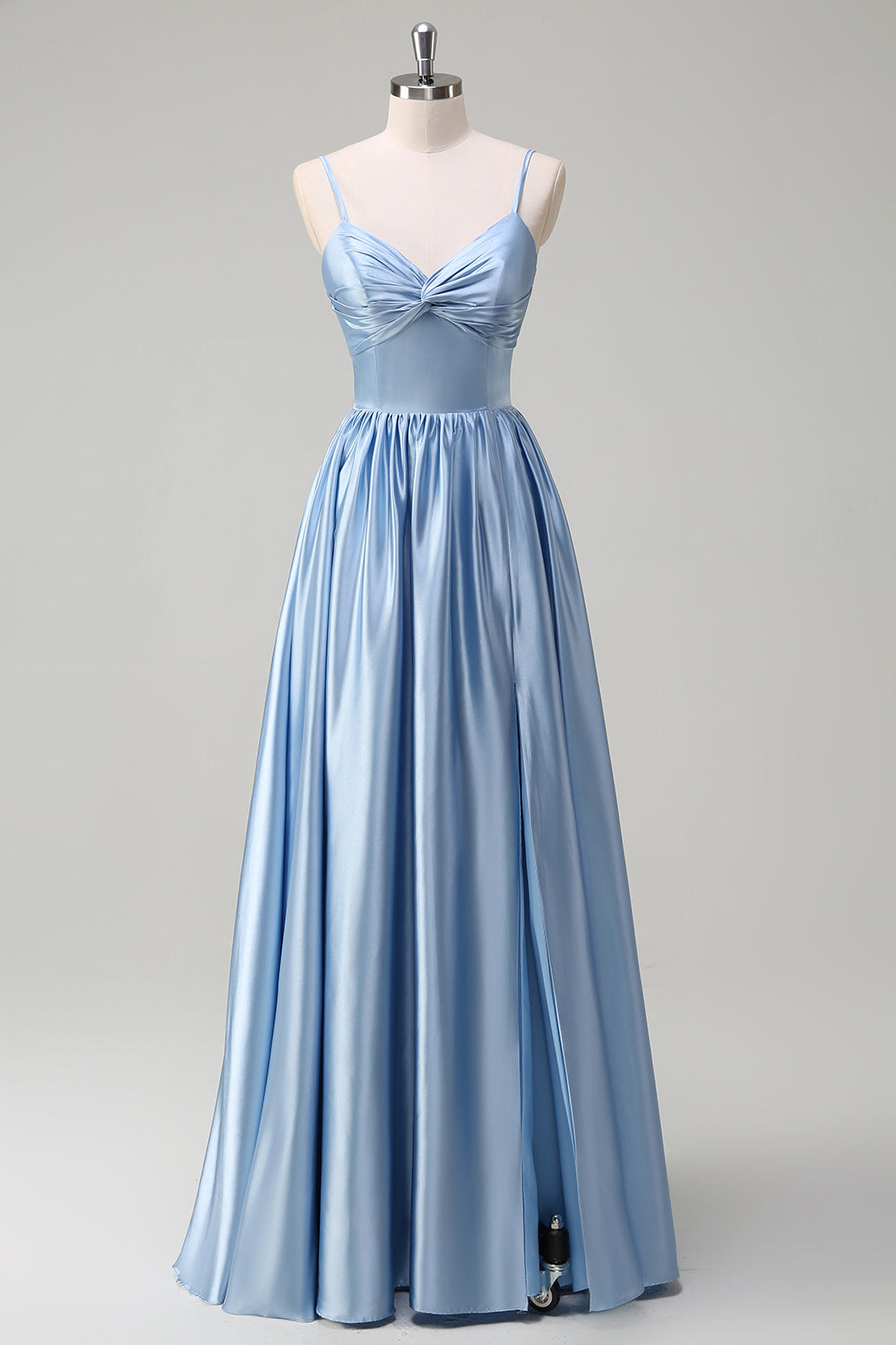 Elegant Sky Blue A-Line Front Twist Satin Bridesamid Dress with Slit