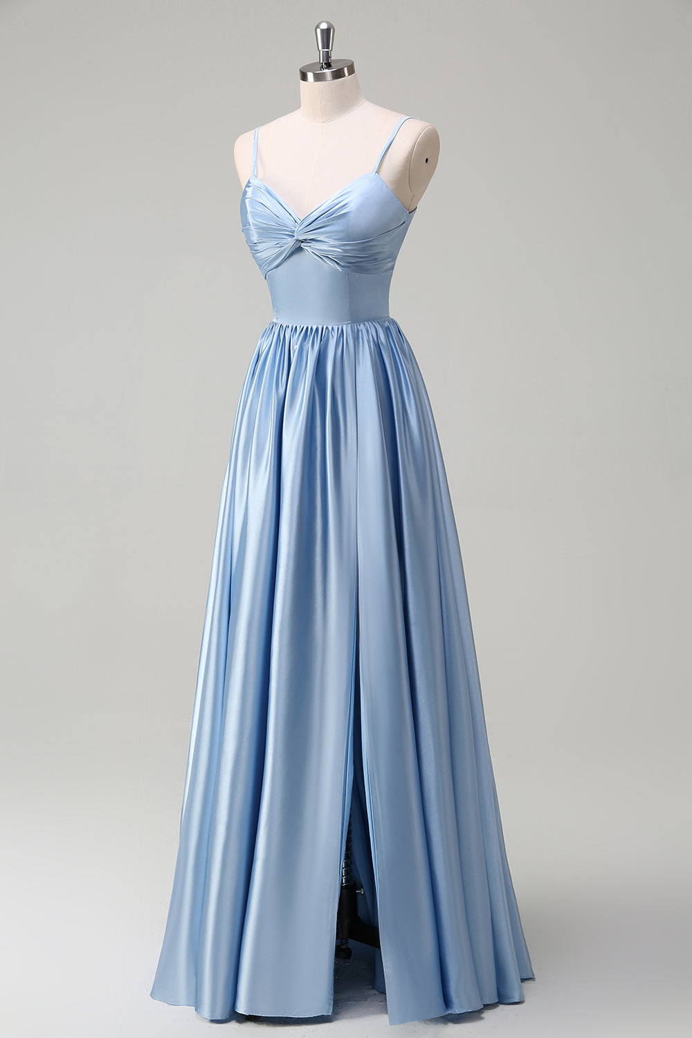 Sky Blue Spaghetti Straps Front Twist Satin Bridesamid Dress with Slit