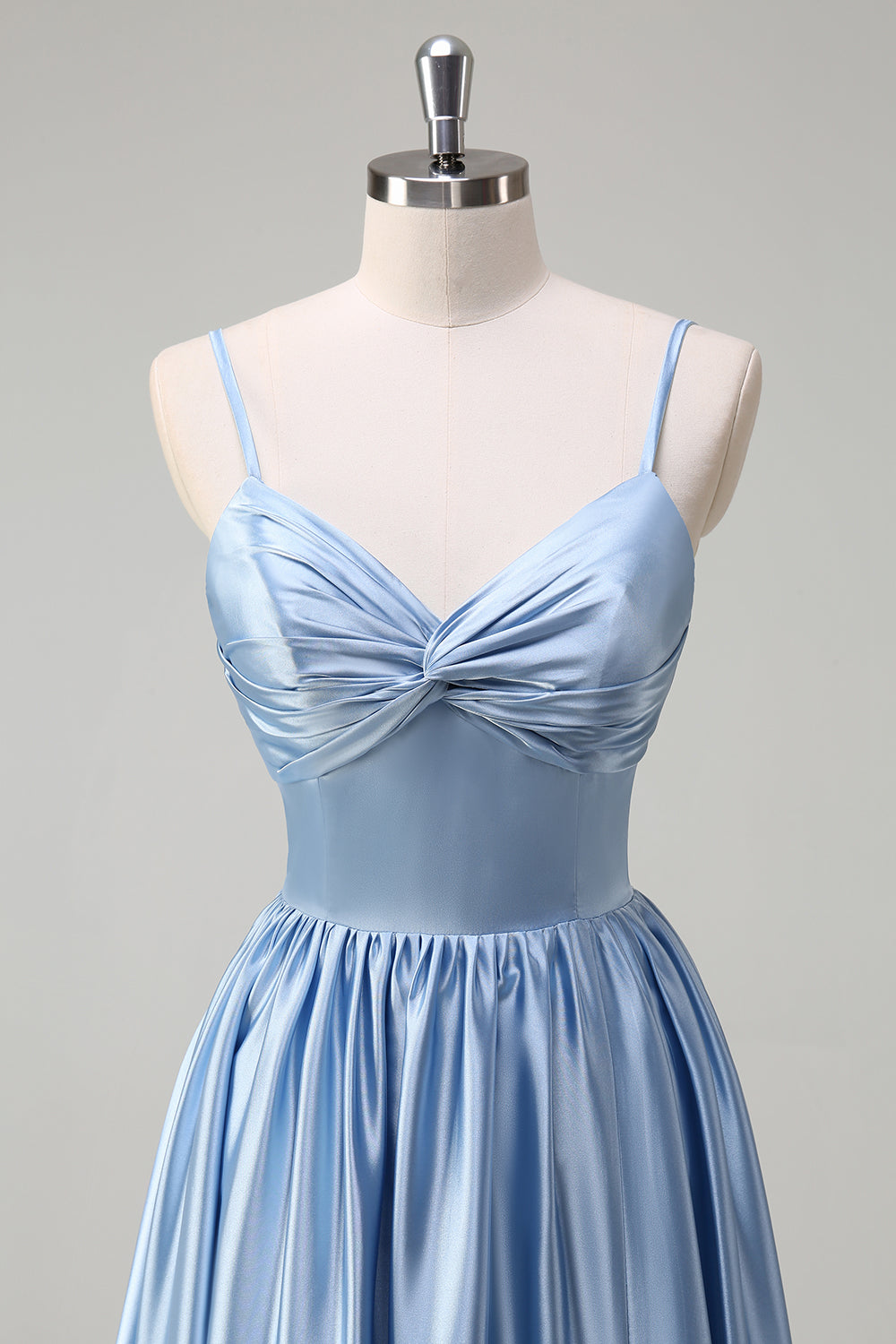 Sky Blue Spaghetti Straps Front Twist Satin Bridesamid Dress with Slit