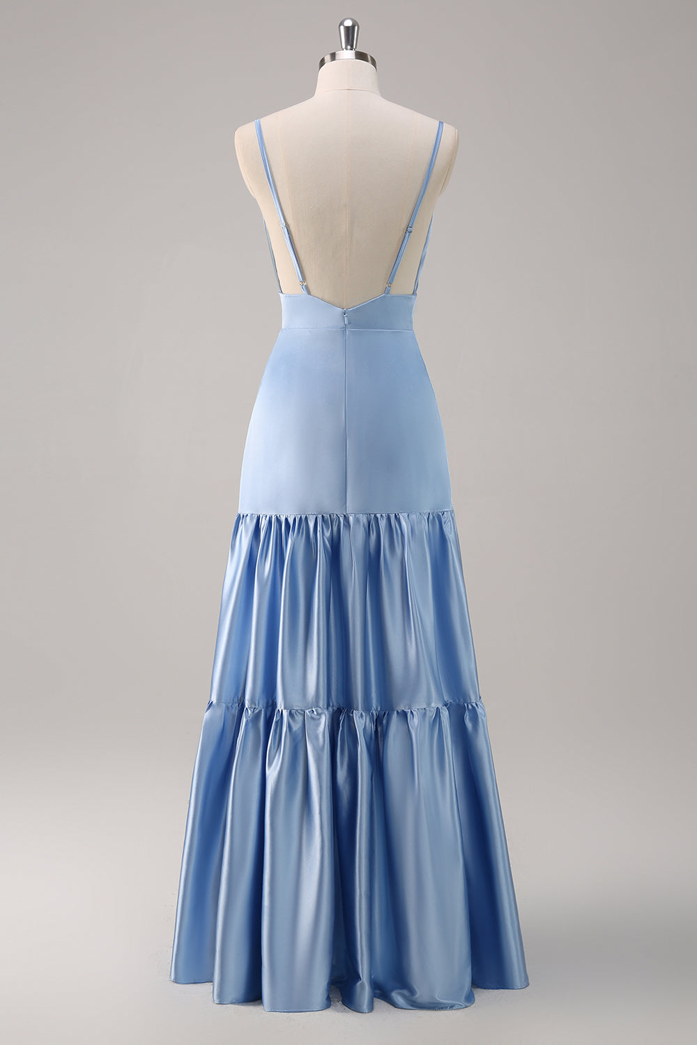 Sky Blue Spaghetti Straps Tiered Satin A-Line Bridesmaid Dress