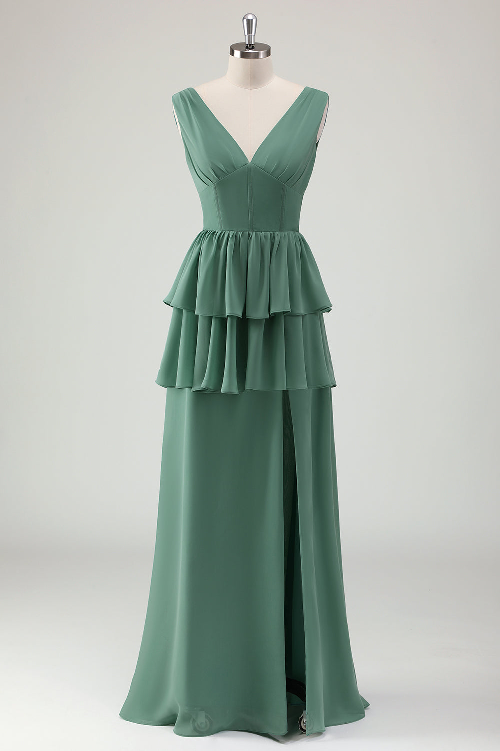 Eucalyptus V Neck Tiered Chiffon Bridesmaid Dress with Slit