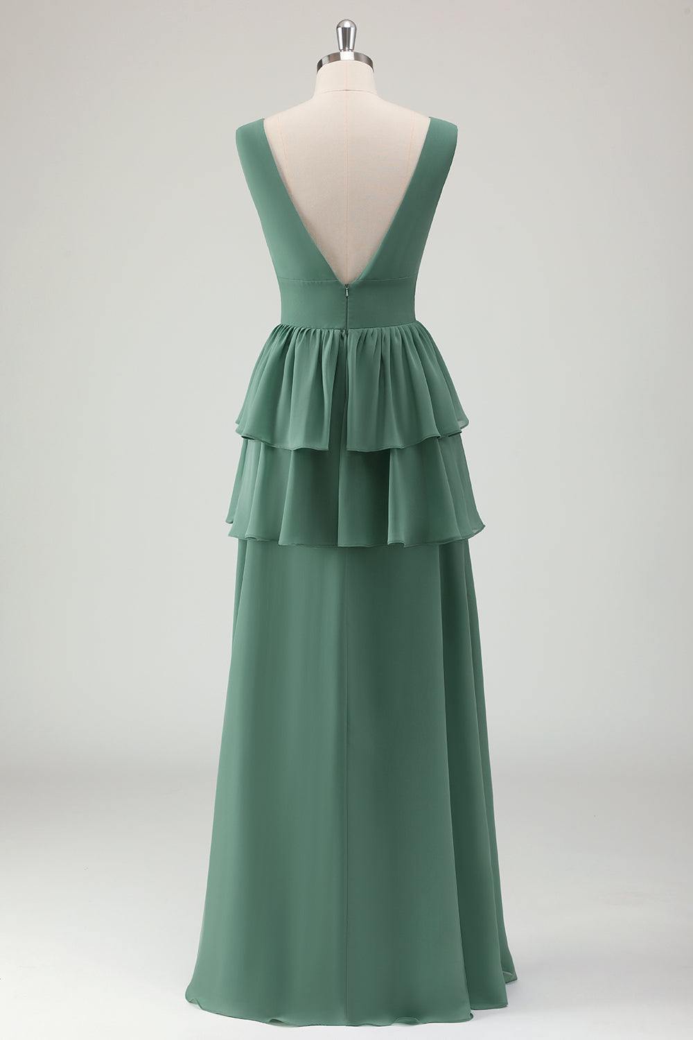 Eucalyptus V Neck Tiered Chiffon Bridesmaid Dress with Slit
