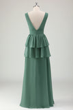 Eucalyptus V Neck Tiered Chiffon Bridesmaid Dress with Slit