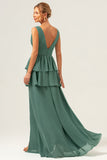 Eucalyptus V Neck Tiered Chiffon Bridesmaid Dress with Slit
