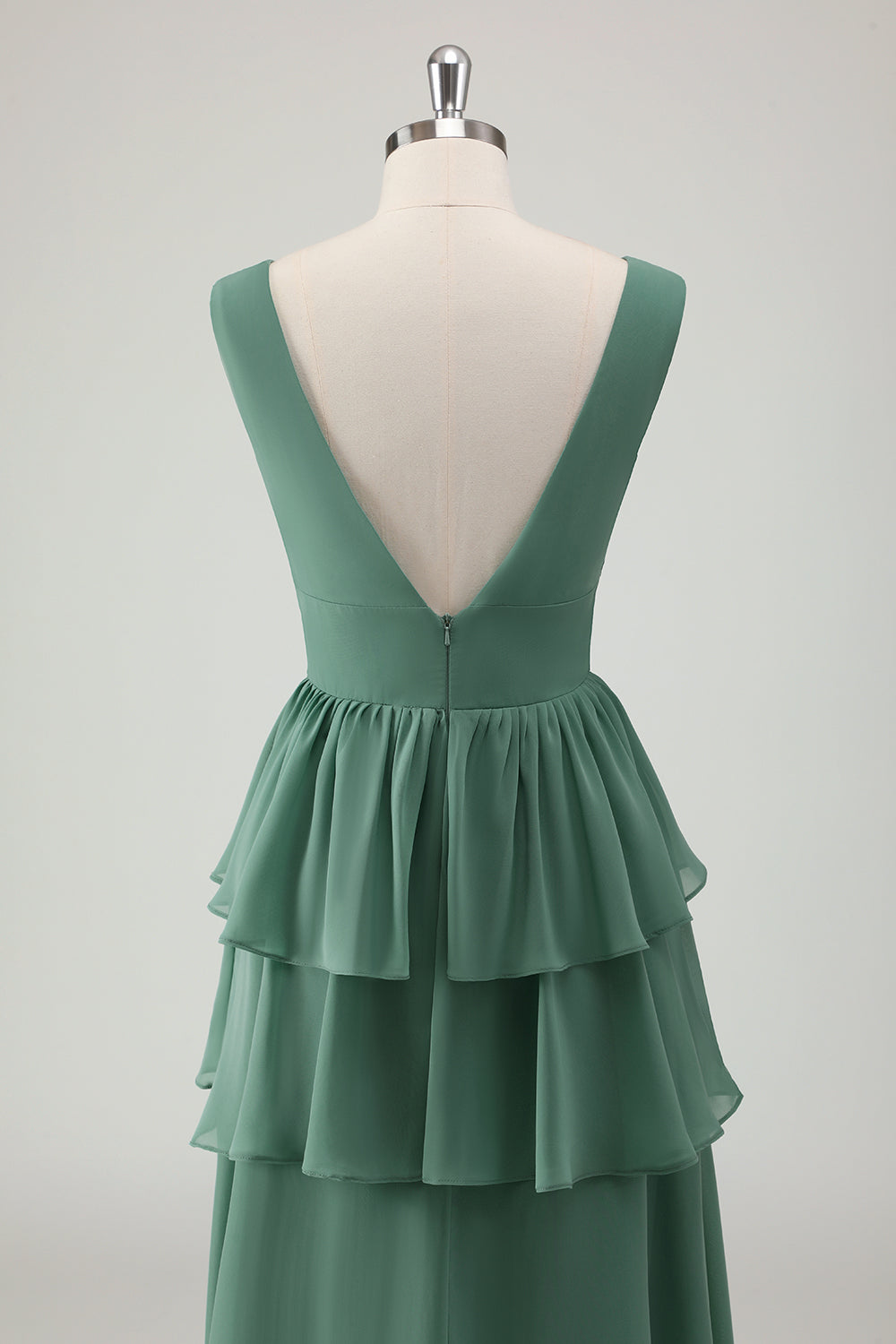 Eucalyptus V Neck Tiered A-Line Bridesmaid Dress with Slit