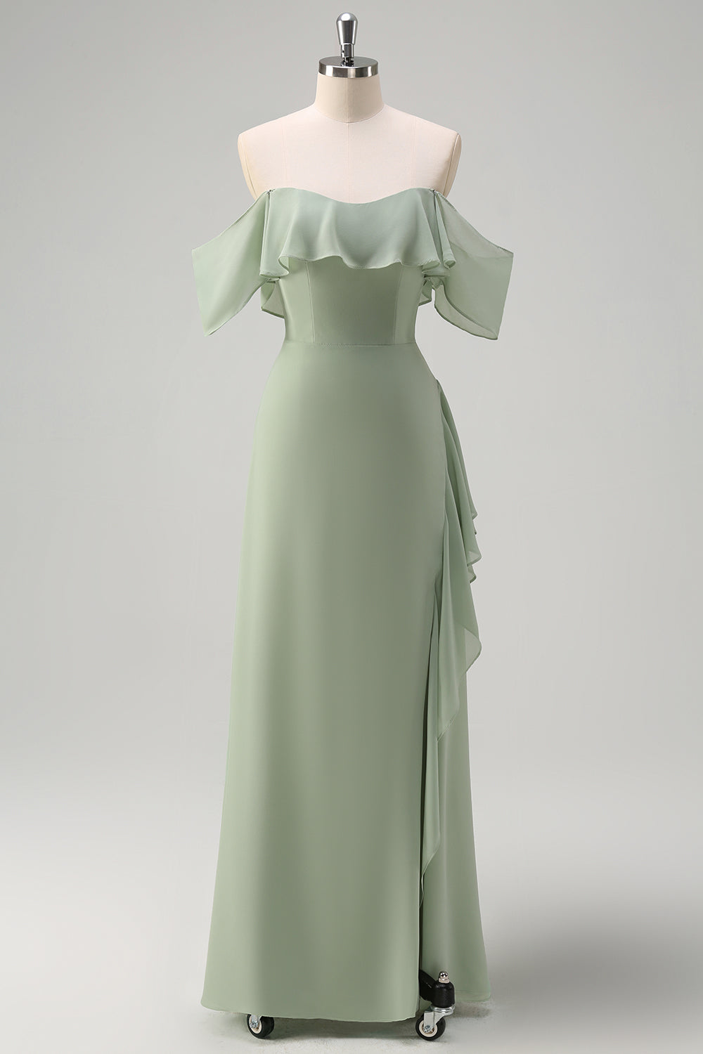 Light Green Off The Shoulder Sheath Chiffon Bridesmaid Dress with Ruffles