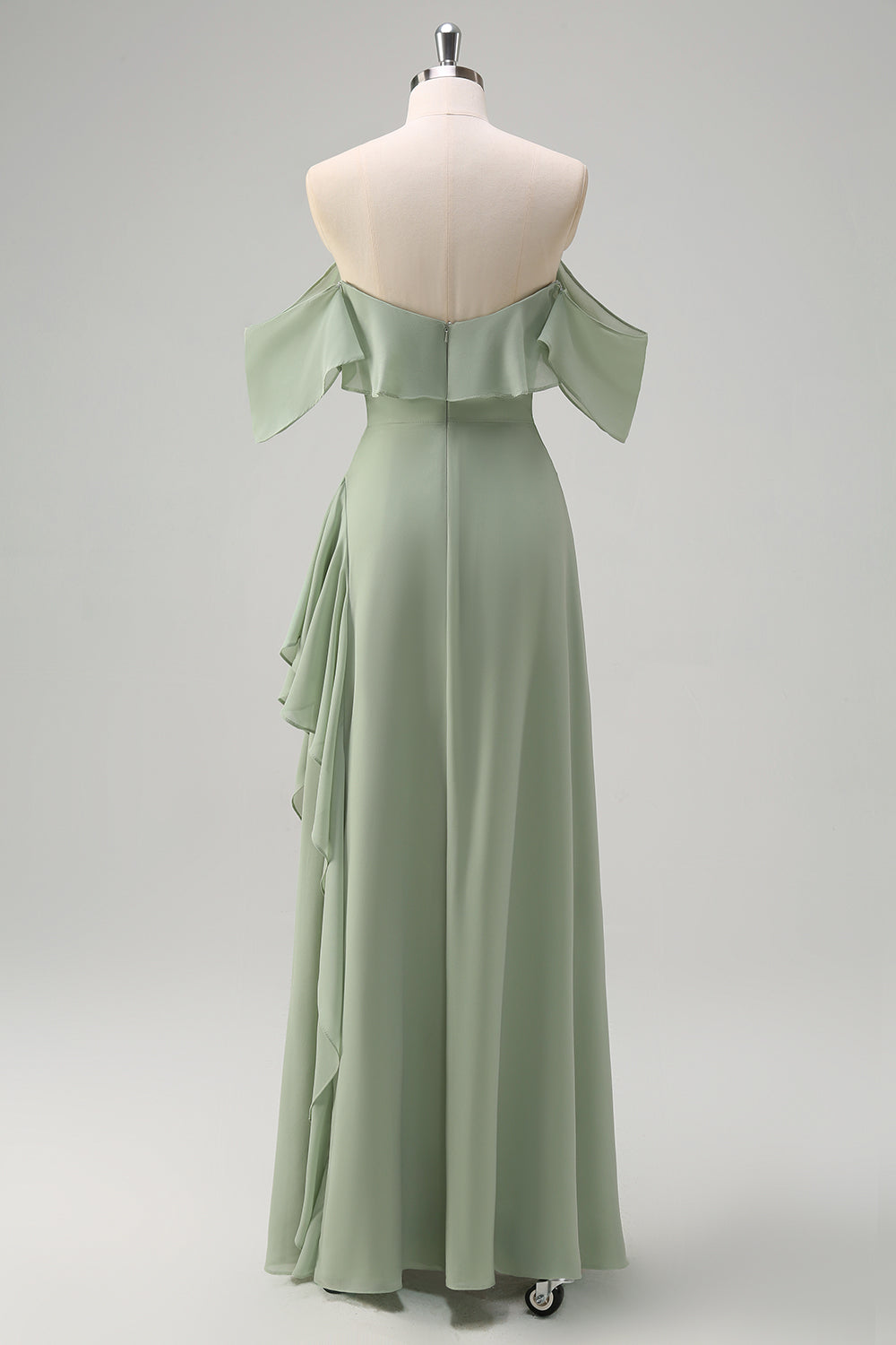Light Green Off The Shoulder Sheath Chiffon Bridesmaid Dress with Ruffles