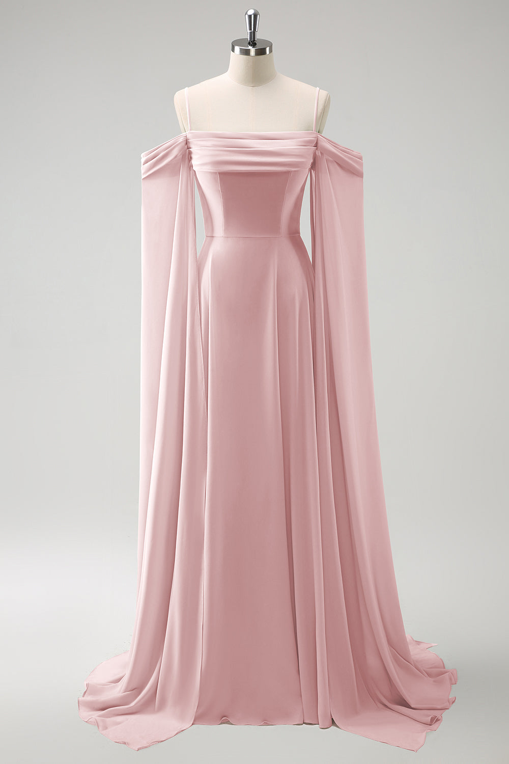 Eucalyptus A-Line Cold Shoulder Chiffon Watteau Train Bridesmaid Dress