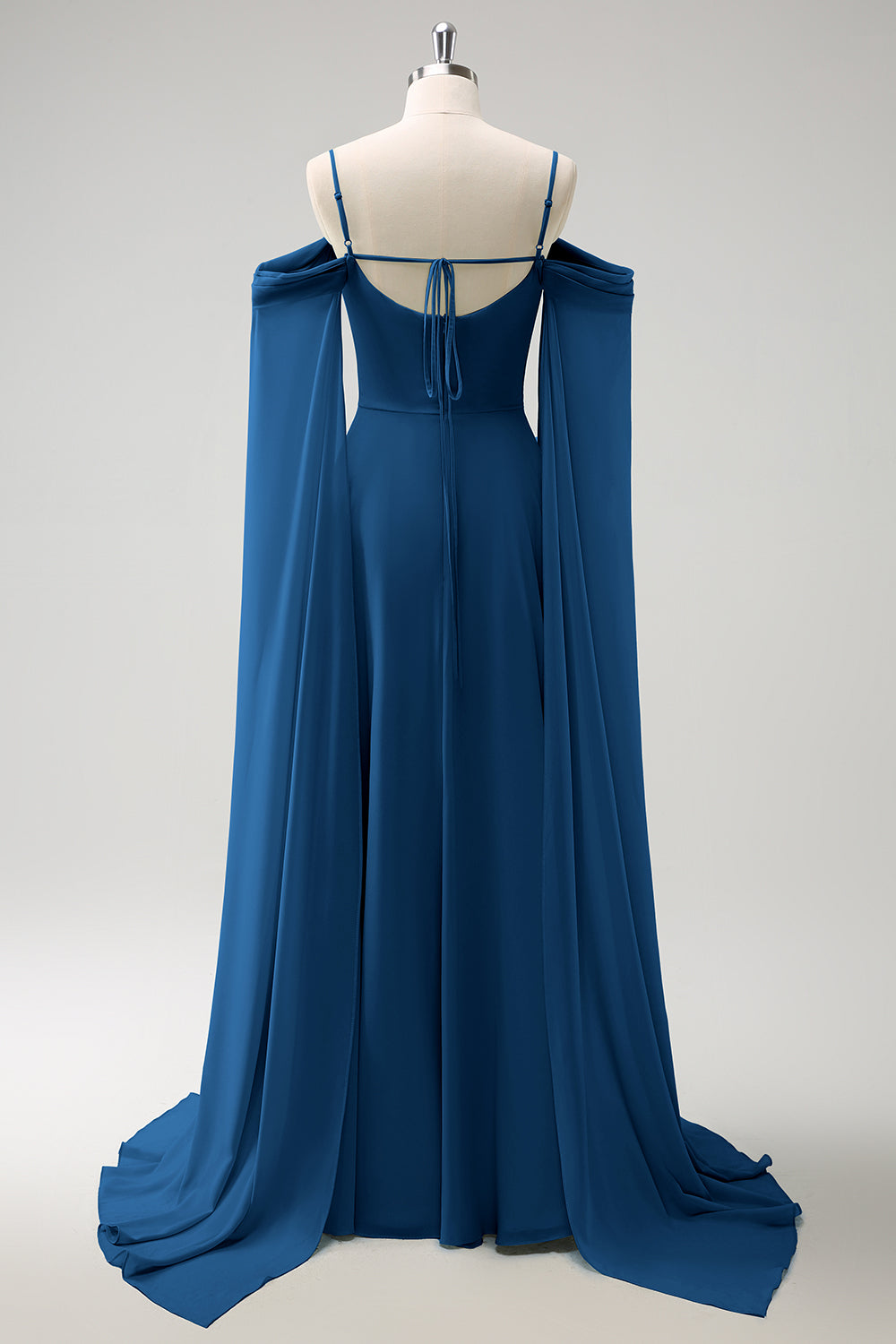 Eucalyptus A-Line Cold Shoulder Chiffon Watteau Train Bridesmaid Dress