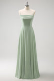 Light Green Chiffon Cold Shoulder Watteau Train Bridesmaid Dress