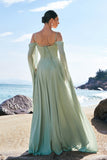 Light Green Chiffon Cold Shoulder Watteau Train Bridesmaid Dress