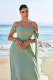 Light Green Chiffon Cold Shoulder Watteau Train Bridesmaid Dress