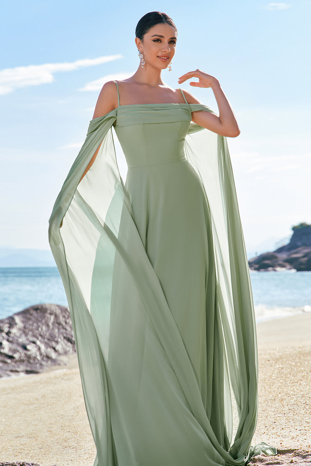 Light Green Chiffon Cold Shoulder Watteau Train Bridesmaid Dress