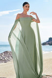 Light Green Chiffon Cold Shoulder Watteau Train Bridesmaid Dress