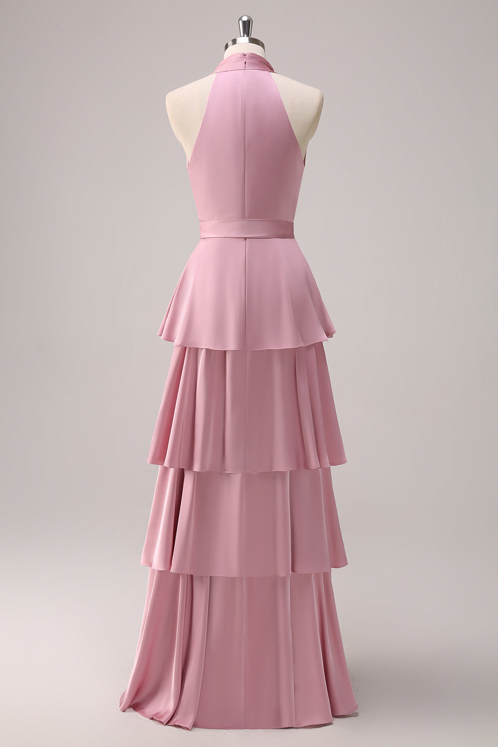 Pink Chiffon Halter Tiered A-Line Bridesmaid Dress with Slit