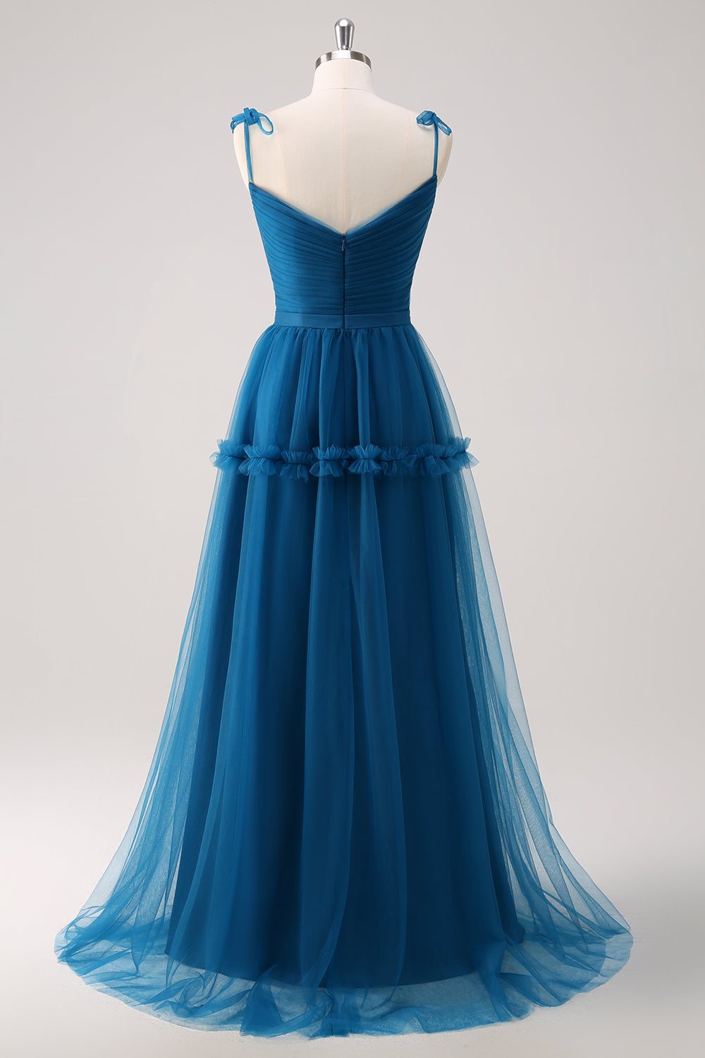Dark Blue Spaghetti Straps Pleated A-Line Tulle Bridesmaid Dress