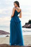 Dark Blue Spaghetti Straps Pleated A-Line Tulle Bridesmaid Dress