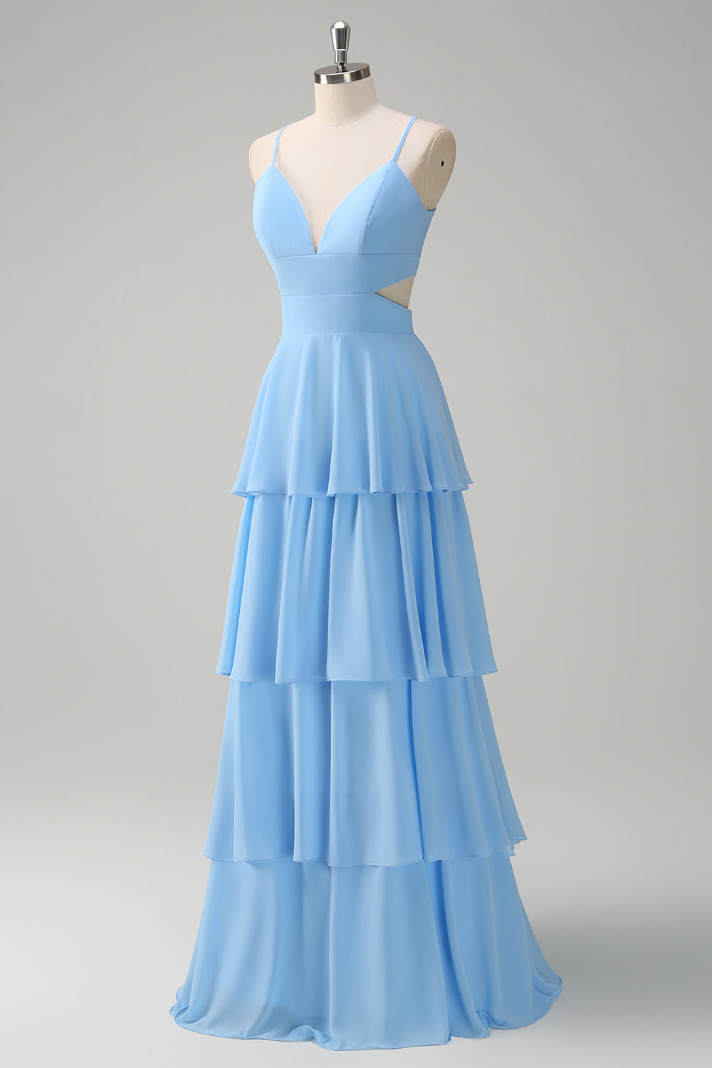 Sky Blue Cut Out Tiered Chiffon A-Line Bridesmaid Dress